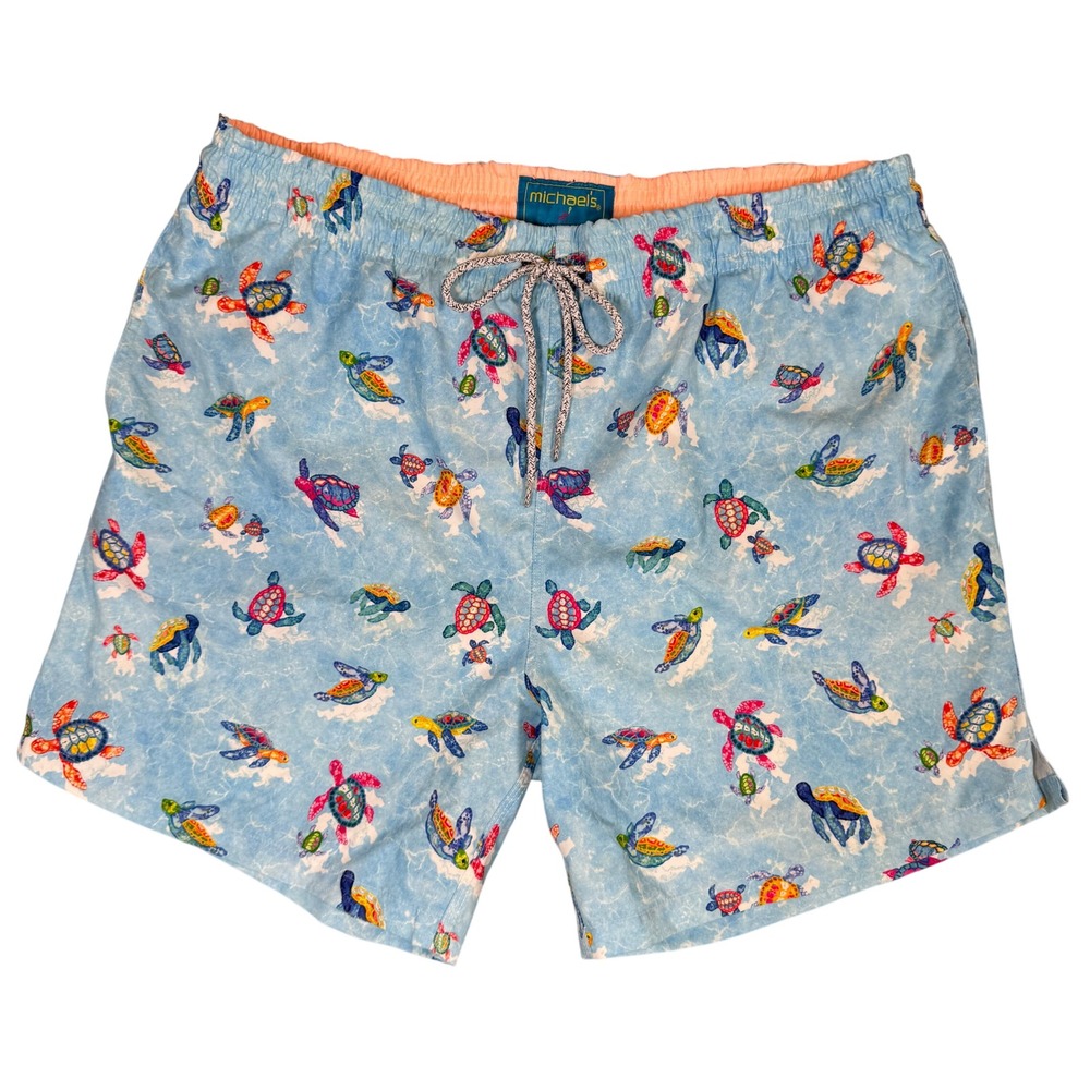 Michaels Mens Sea Turtle Print Swim Trunks Blue XXL Board Shorts Mesh Lining